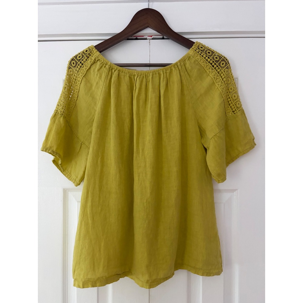 Terzo Millennio Italy Chartreuse Linen Crochet Lace Insert Blouse Top Medium